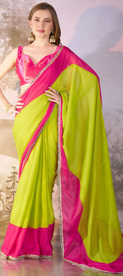 Green, Pink and Majenta color Saree in Chiffon fabric with Lace work