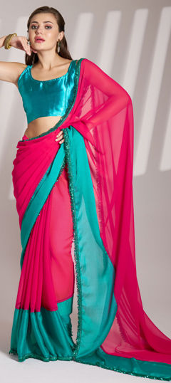 Pink and Majenta color Saree in Chiffon fabric with Lace work