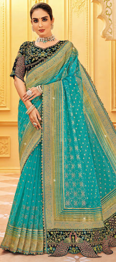 Blue color Readymade Saree in Silk fabric with Embroidered, Weaving, Zari work