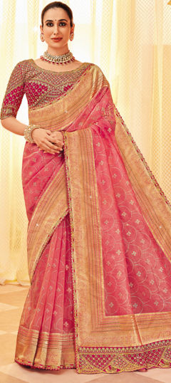 Pink and Majenta color Readymade Saree in Silk fabric with Embroidered, Weaving, Zari work