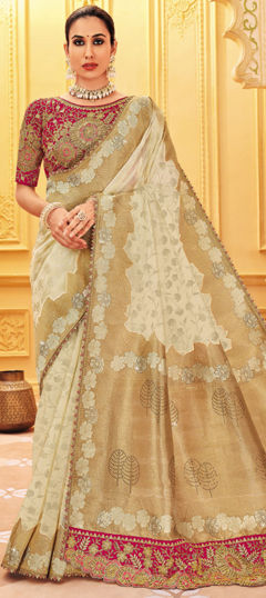 Beige and Brown color Readymade Saree in Silk fabric with Embroidered, Weaving, Zari work