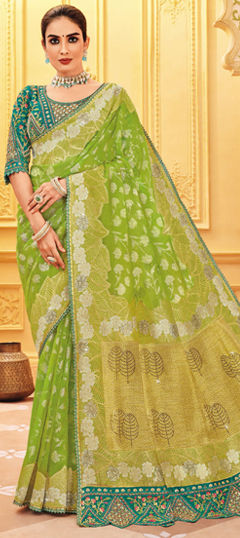 Green color Readymade Saree in Silk fabric with Embroidered, Weaving, Zari work