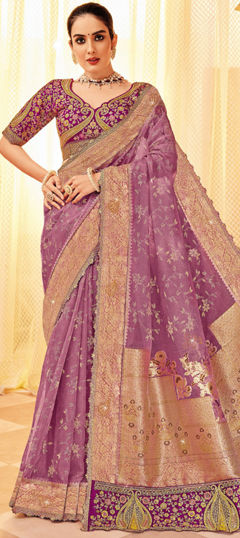 Purple and Violet color Readymade Saree in Silk fabric with Embroidered, Weaving, Zari work
