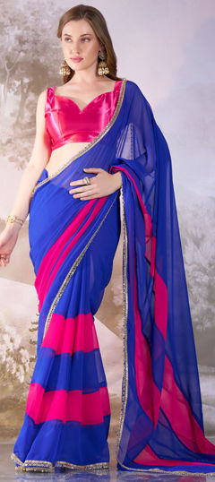 Blue, Pink and Majenta color Saree in Chiffon fabric with Lace work