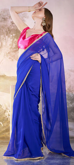 Blue color Saree in Chiffon fabric with Lace work