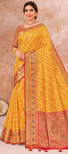 Yellow color Saree in Organza Silk fabric with Lehariya, Weaving, Zari work