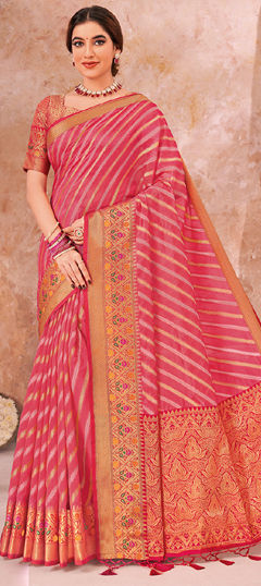 Pink and Majenta color Saree in Organza Silk fabric with Lehariya, Weaving, Zari work