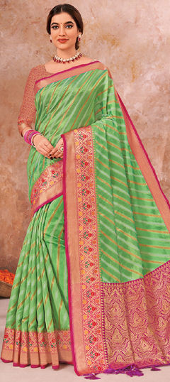 Green color Saree in Organza Silk fabric with Lehariya, Weaving, Zari work