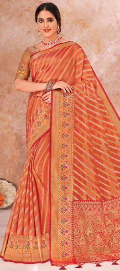 Orange color Saree in Organza Silk fabric with Lehariya, Weaving, Zari work