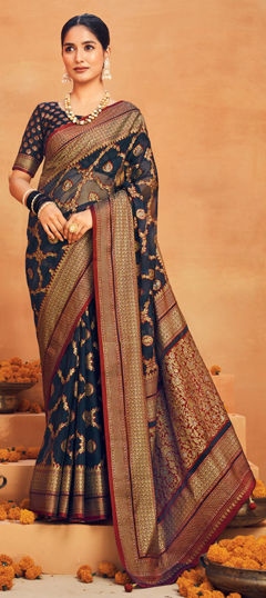 Black and Grey color Saree in Georgette fabric with Weaving work