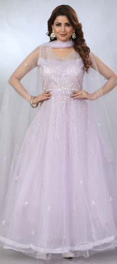 Pink and Majenta color Gown in Net fabric with Sequence, Thread work