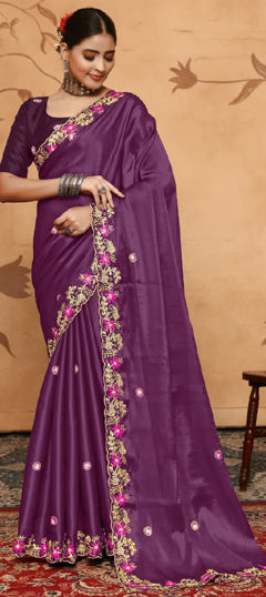 Purple and Violet color Saree in Silk fabric with Embroidered, Resham, Thread, Zari work