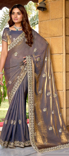 Black and Grey color Saree in Chiffon fabric with Embroidered, Sequence, Thread, Zari work