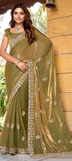 Green color Saree in Chiffon fabric with Embroidered, Sequence, Thread, Zari work