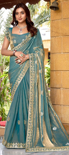 Blue color Saree in Chiffon fabric with Embroidered, Sequence, Thread, Zari work