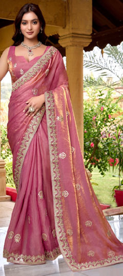 Pink and Majenta color Saree in Chiffon fabric with Embroidered, Sequence, Thread, Zari work