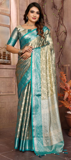 Green color Saree in Tissue fabric with Weaving, Zari work