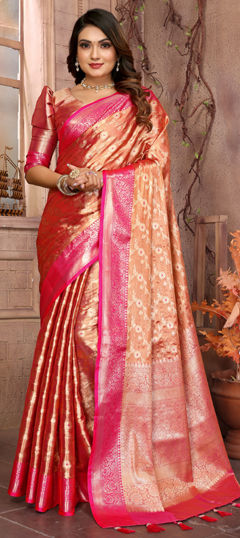 Orange color Saree in Tissue fabric with Weaving, Zari work