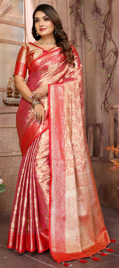 Pink and Majenta color Saree in Tissue fabric with Weaving, Zari work