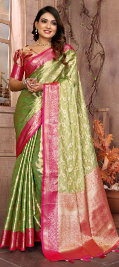 Green color Saree in Tissue fabric with Weaving, Zari work