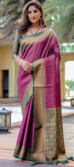 Purple and Violet color Saree in Kanjeevaram Silk fabric with Weaving, Zari work