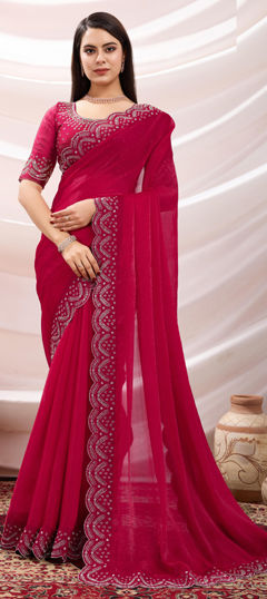 Pink and Majenta color Saree in Chiffon fabric with Border work