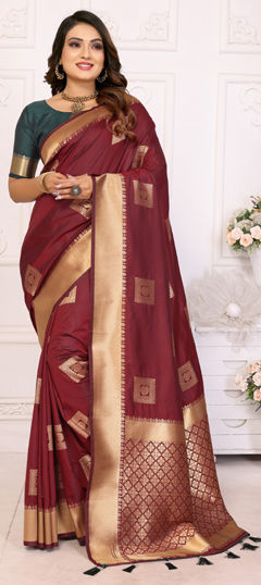 Red and Maroon color Saree in Silk fabric with Weaving, Zari work