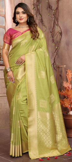 Green color Saree in Silk fabric with Weaving, Zari work