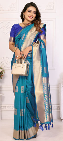 Blue color Saree in Silk fabric with Weaving, Zari work