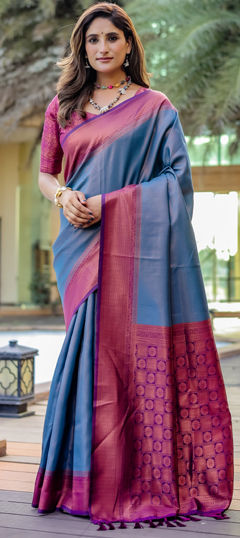 Blue color Saree in Kanjeevaram Silk fabric with Weaving, Zari work