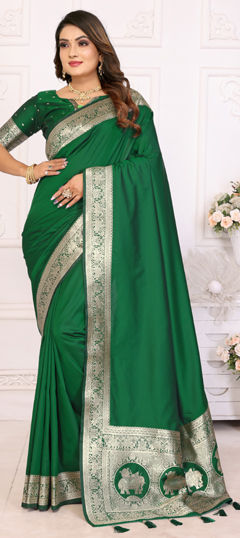 Green color Saree in Banarasi Silk fabric with Weaving, Zari work