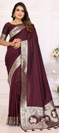 Red and Maroon color Saree in Banarasi Silk fabric with Weaving, Zari work