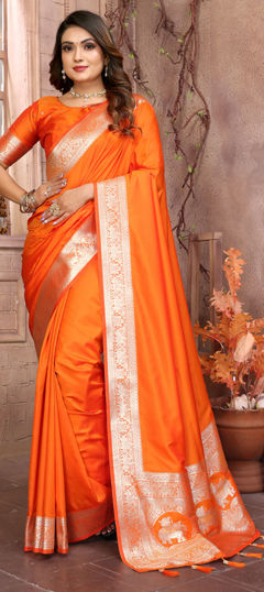 Orange color Saree in Banarasi Silk fabric with Weaving, Zari work