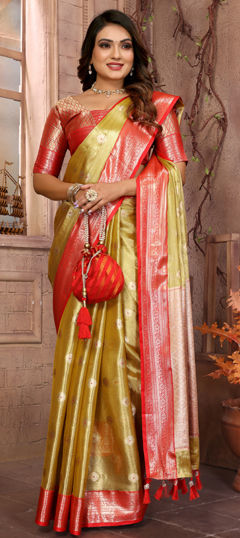 Gold color Saree in Tissue fabric with Weaving, Zari work