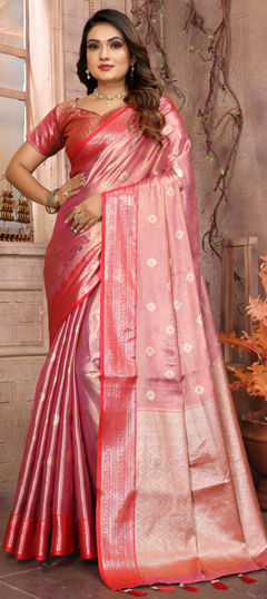 Pink and Majenta color Saree in Tissue fabric with Weaving, Zari work