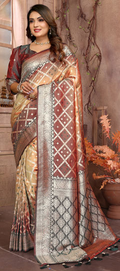 Beige and Brown color Saree in Silk fabric with Weaving, Zari work