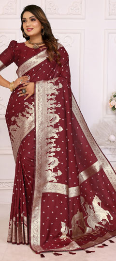 Red and Maroon color Saree in Silk fabric with Weaving, Zari work