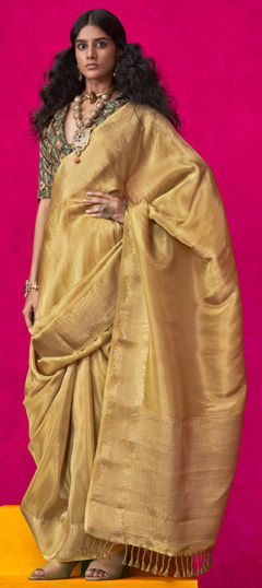 Yellow color Saree in Viscose fabric with Weaving, Zari work