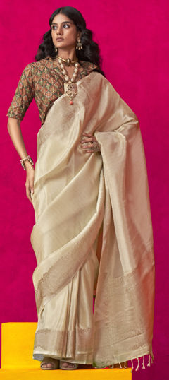 Beige and Brown color Saree in Viscose fabric with Weaving, Zari work