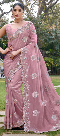 Pink and Majenta color Saree in Net fabric with Embroidered, Resham, Thread work