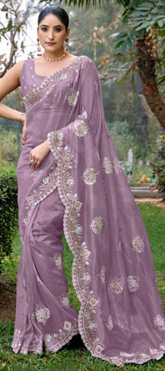 Purple and Violet color Saree in Net fabric with Embroidered, Resham, Thread work