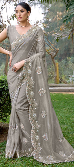 Black and Grey color Saree in Net fabric with Embroidered, Resham, Thread work