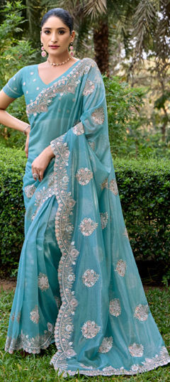 Blue color Saree in Net fabric with Embroidered, Resham, Thread work