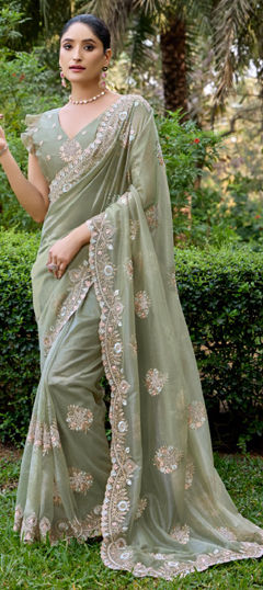 Green color Saree in Net fabric with Embroidered, Resham, Thread work