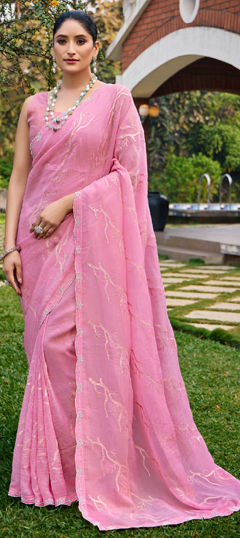 Pink and Majenta color Saree in Silk fabric with Embroidered, Stone, Thread work