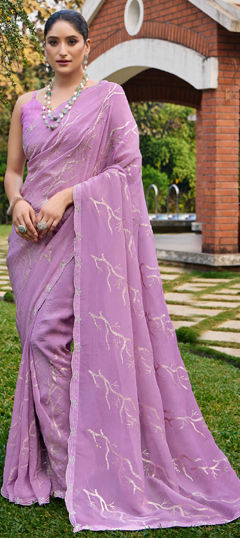 Purple and Violet color Saree in Silk fabric with Embroidered, Stone, Thread work