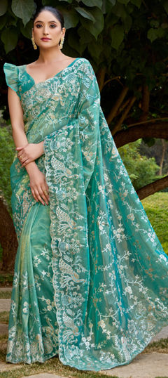 Blue color Saree in Net fabric with Embroidered, Resham, Thread work