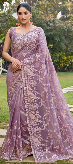 Purple and Violet color Saree in Net fabric with Embroidered, Resham, Thread work