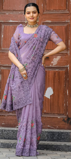 Purple and Violet color Saree in Chiffon fabric with Cut Dana, Embroidered, Thread work