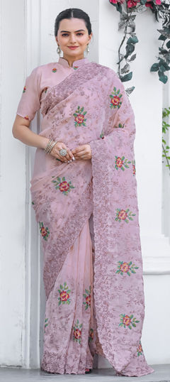 Pink and Majenta color Saree in Chiffon fabric with Cut Dana, Embroidered, Thread work